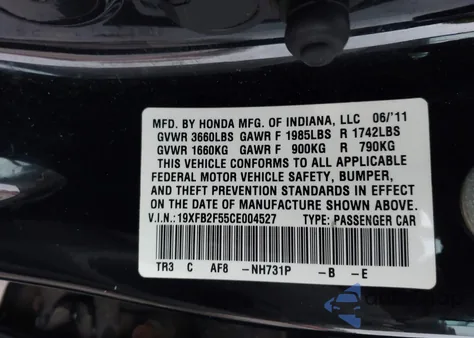 2012 Honda Civic Lx from USA, damaged, VIN 19XFB2F55CE004527